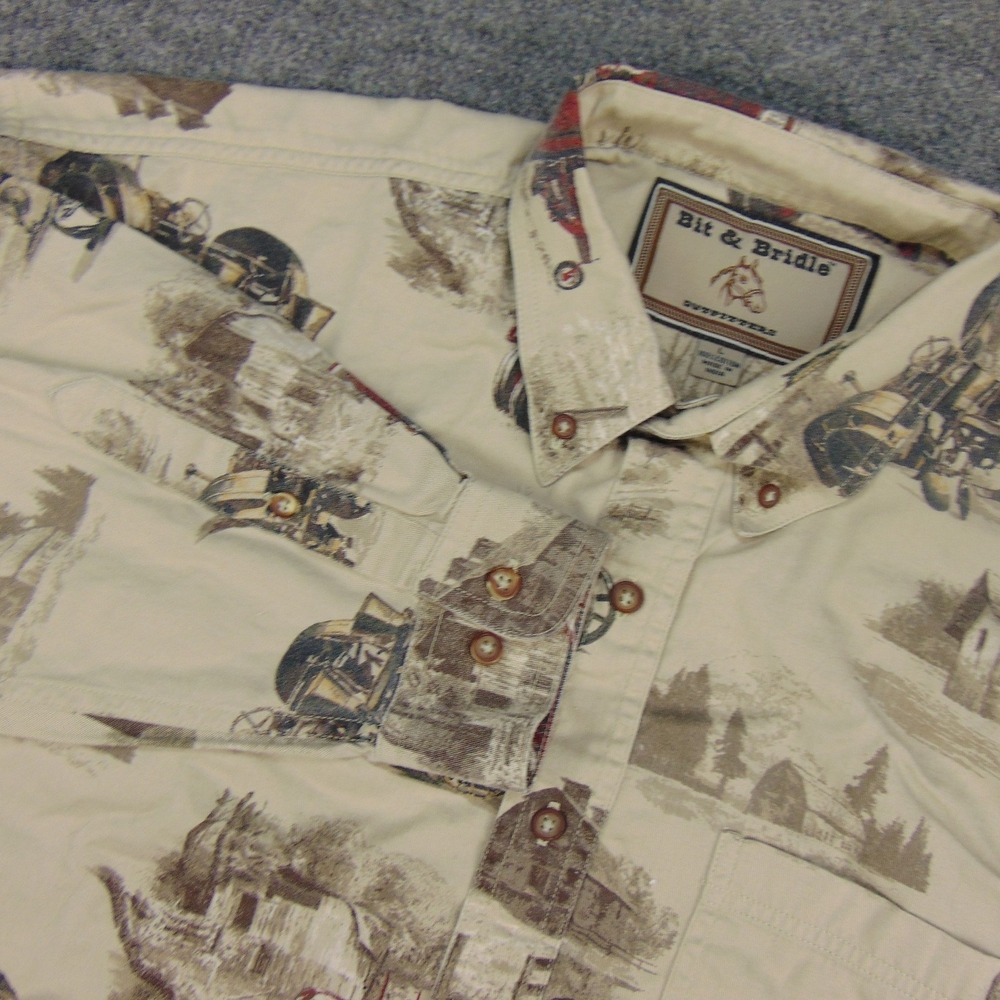 Bit & Bridle Shirt Mens Large Beige Farm Tractor Pattern Button‎ Down Farmcore